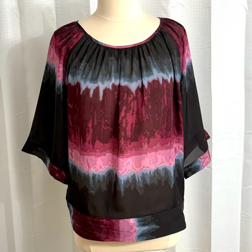 Belissimo New York Batwing Sleeve Top, Waistband Side Button Detail, Multi, Sz S